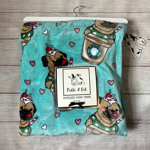 Pickle & Dot Mint Green Pug Dog Throw Blanket Cappuccino Coffee Cup Plush 60x70" - Picture 14 of 16